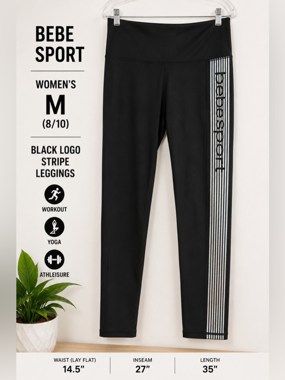 Bebe Sport Black Logo Stripe Leggings Women’s Medium Athleisure Yoga Pants